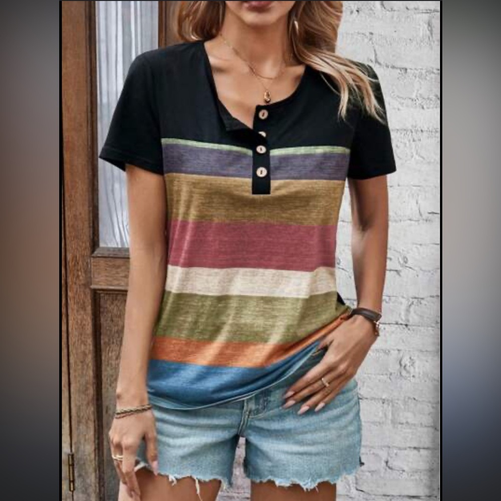 SHEIN Women's V-Neck Button Front Multicolor Striped Top
